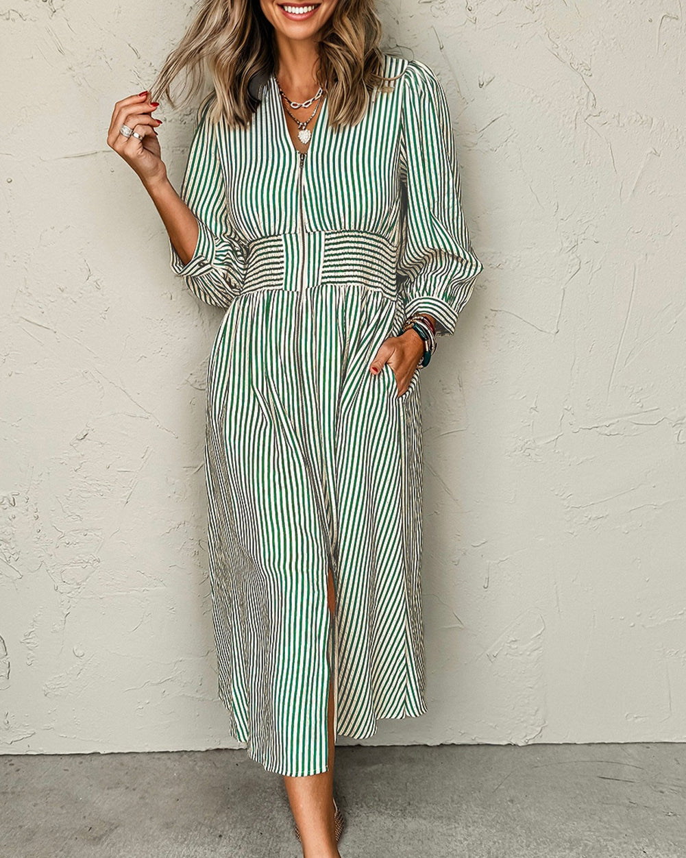 Green Striped Midi Dress
