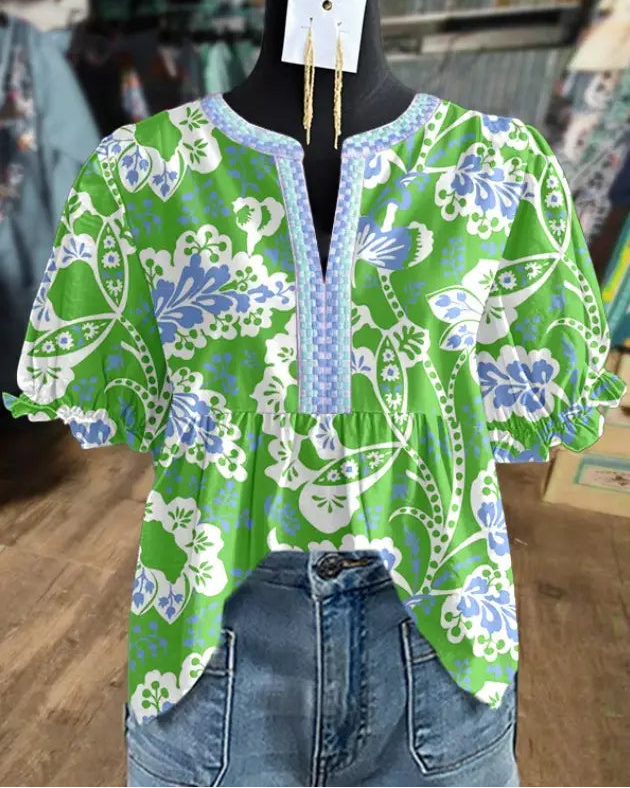 Green Floral Print Top
