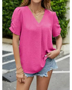 Solid V-Neck Pleated Top