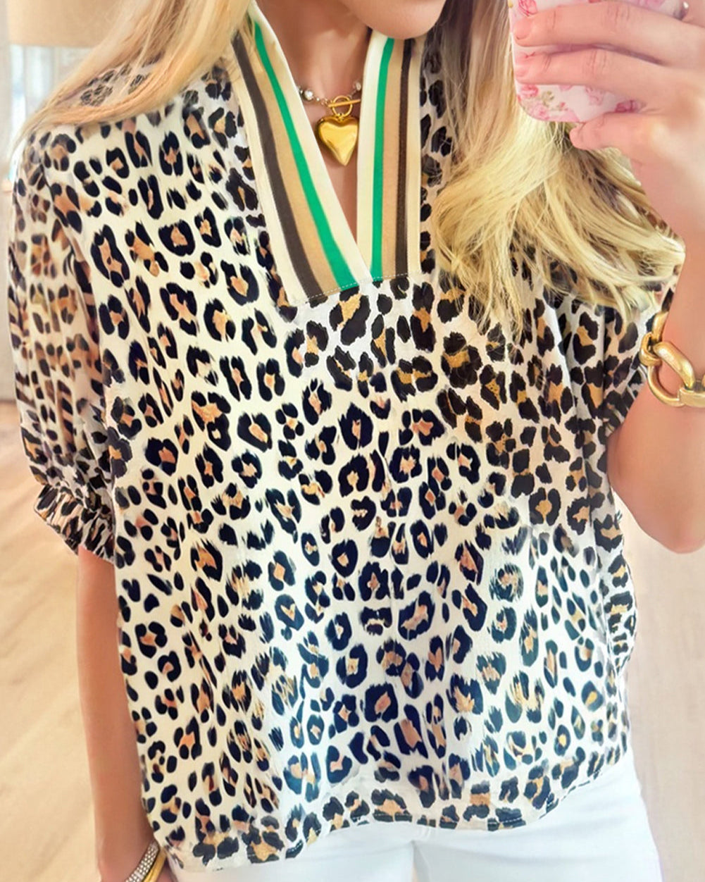 Leopard Green Stripe Neck Top