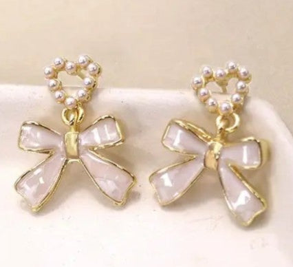 Bow Heart Pearl Drop Earrings