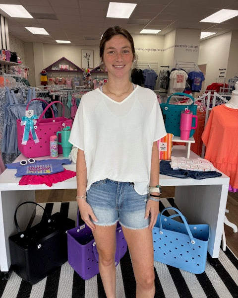 Woven V-Neck Short Sleeve Top