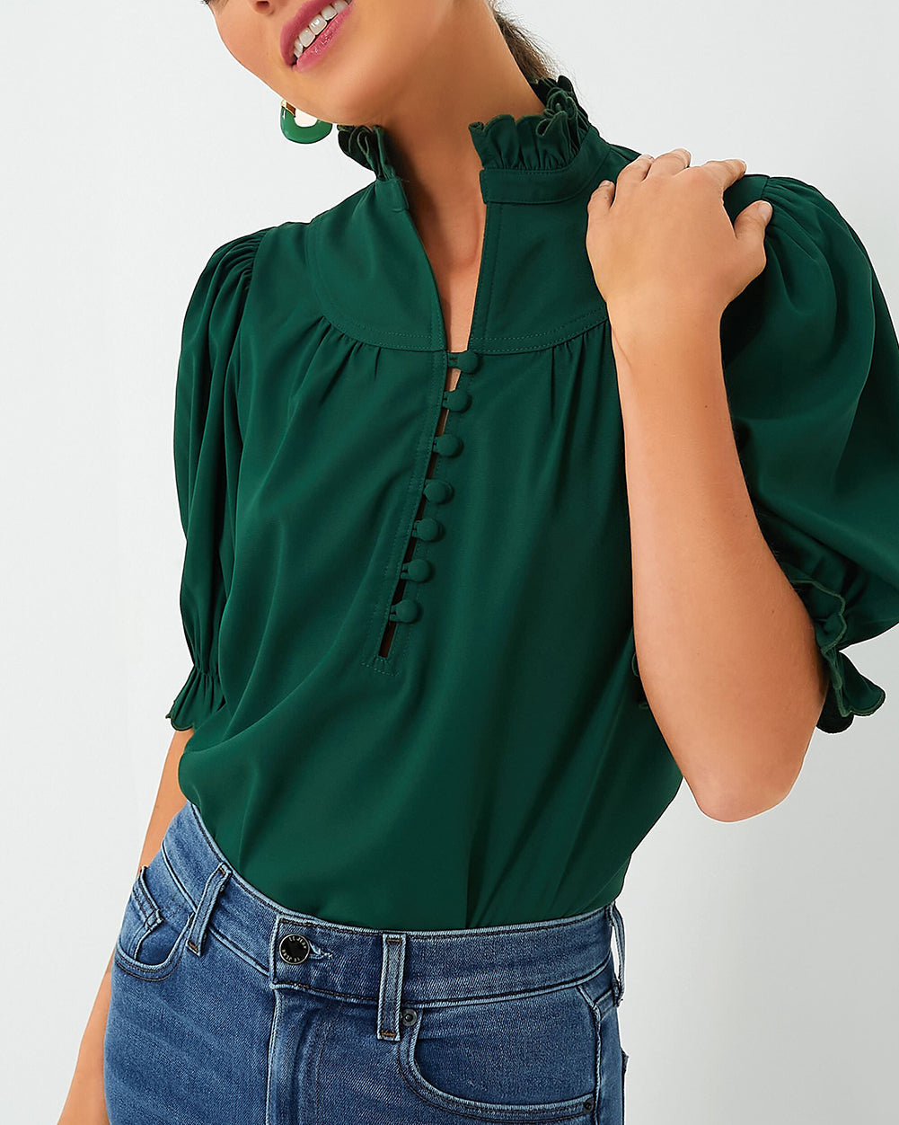 Green Button Frilled Blouse