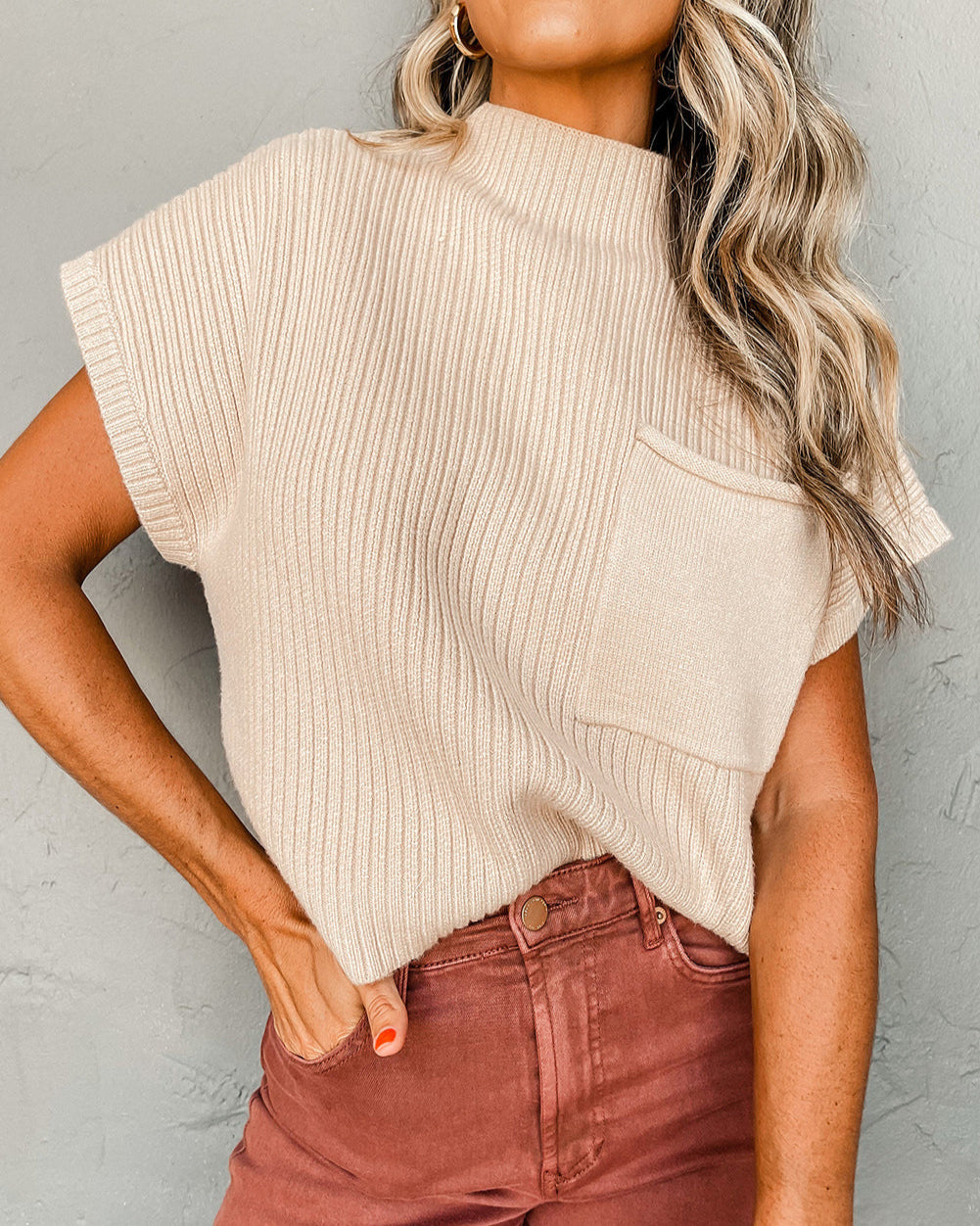 Pocket Ribbed Knit Sweater