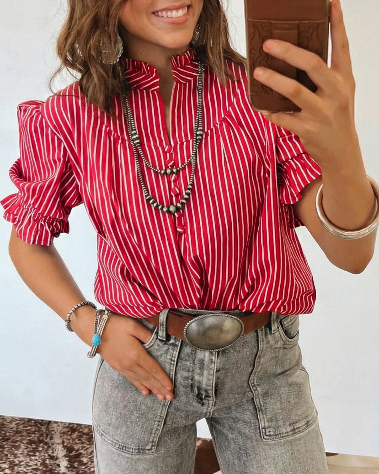 Red Striped Ruffle Top