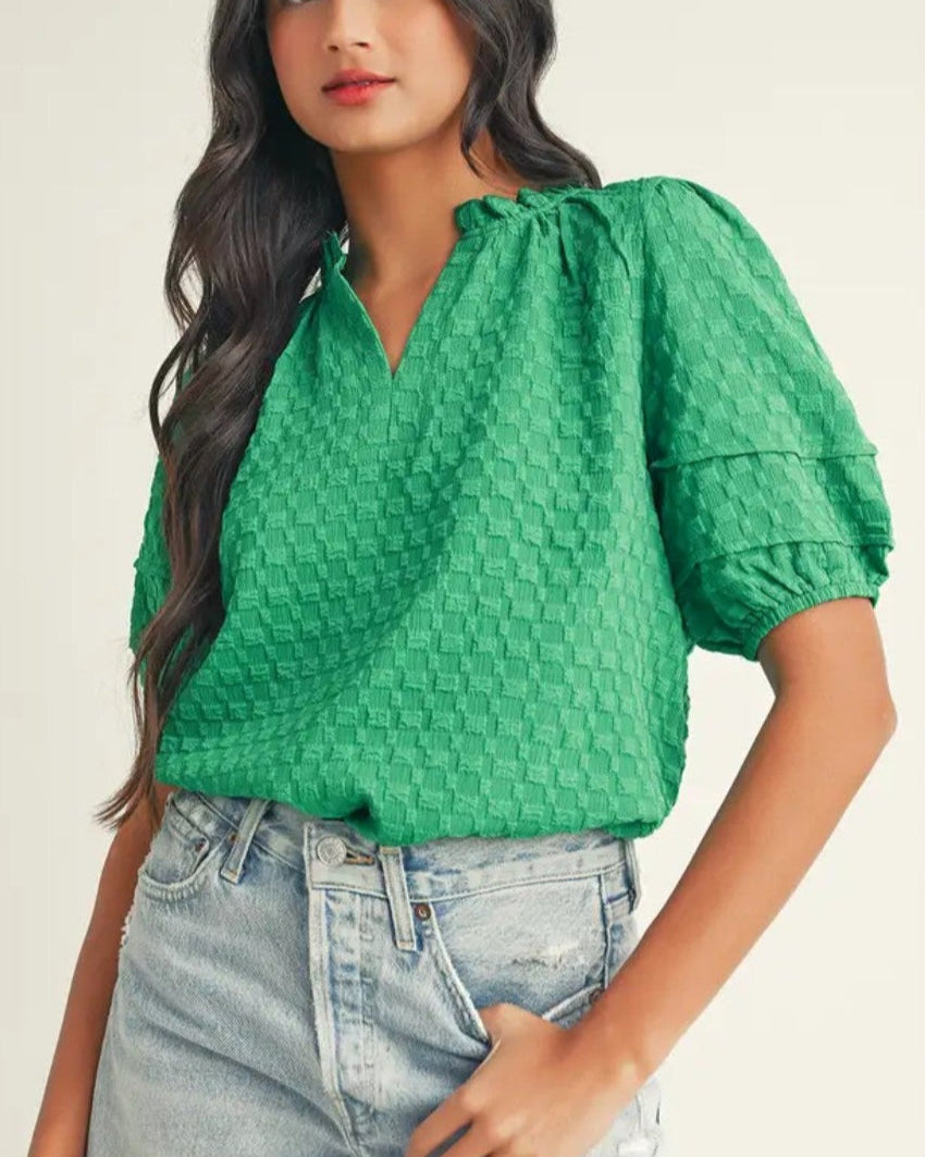 Textured Puff Short Sleeve V Neck Top