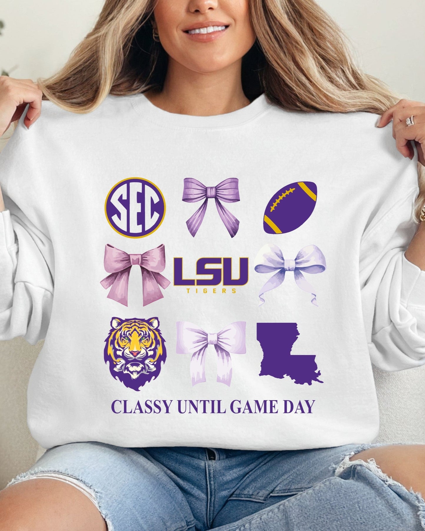 White Sweatshirt LSU Bows (Adult)