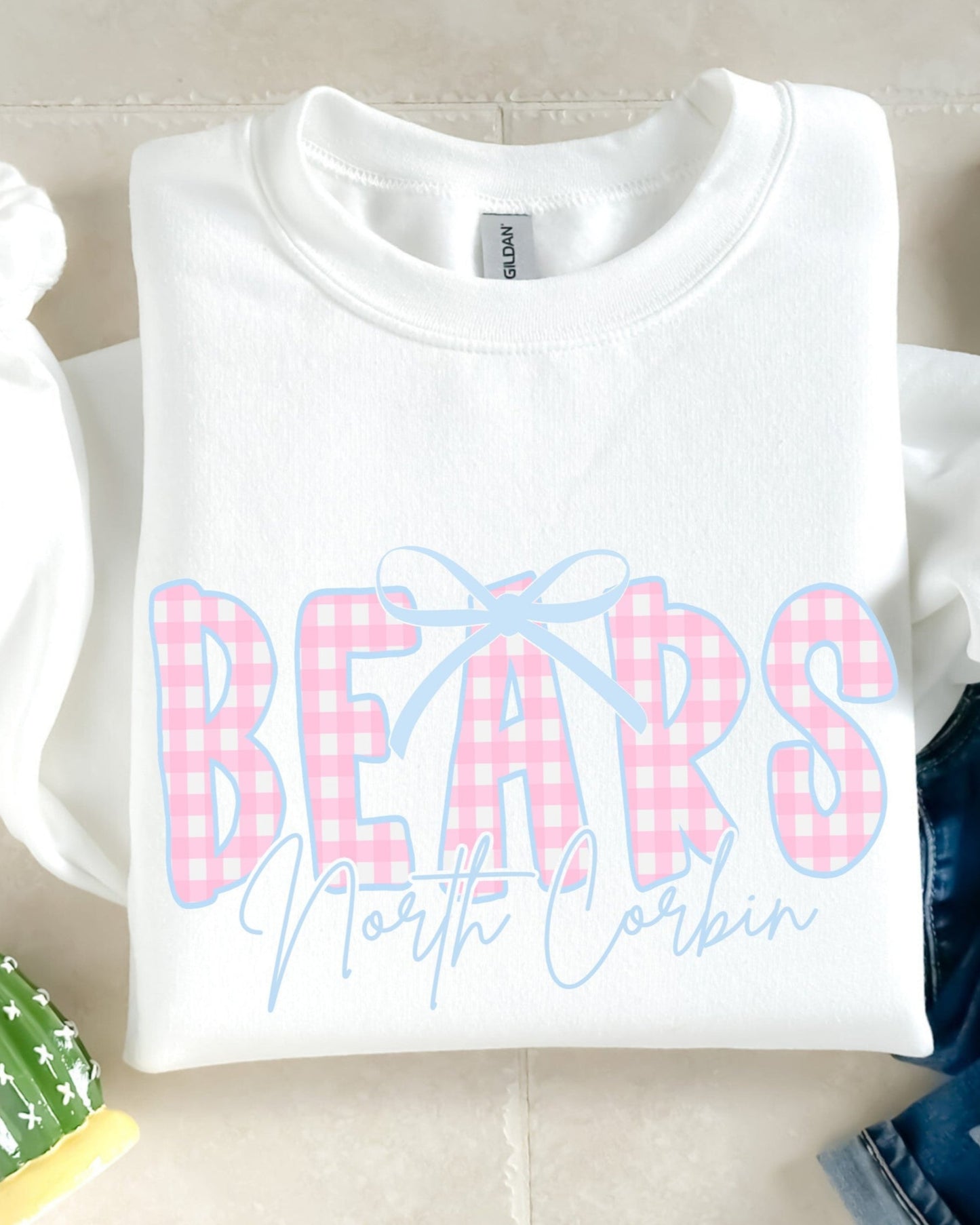 Pink Gingham Bears White Sweatshirt