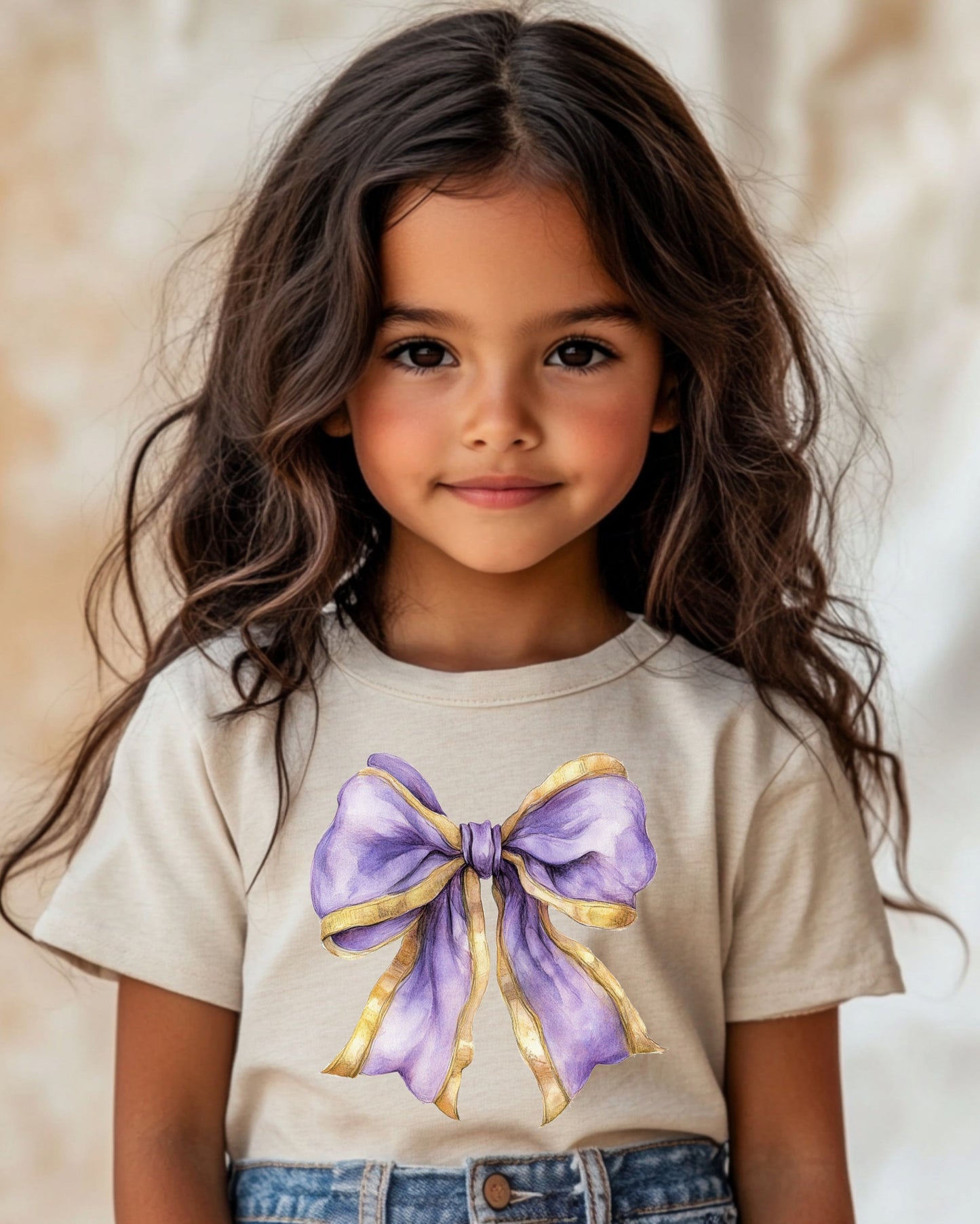 Purple and Gold Bow Toddler Cream Tee