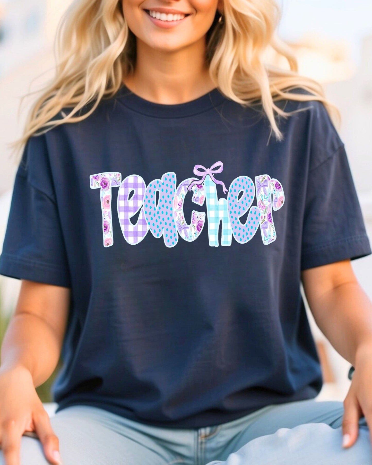 Teacher Ribbon Roses Adult Navy Tee