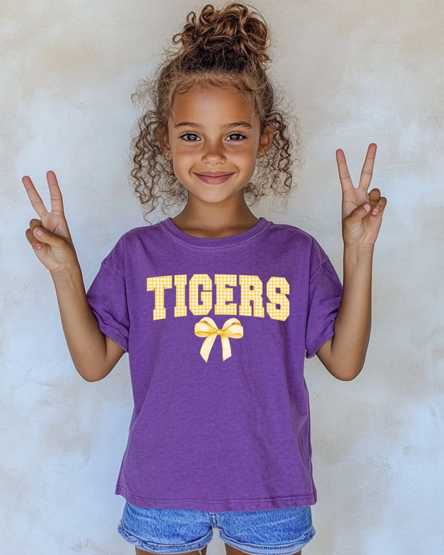 Tigers Gingham Bow Tod. Purple Tee