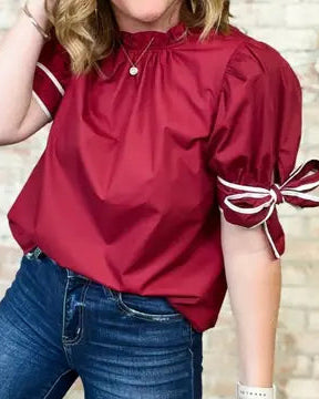 Wine Red Mock Neck Blouse