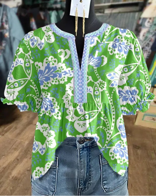 Green Floral Print Top