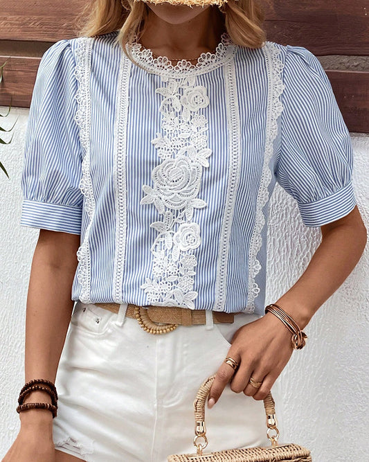 Blue Striped Floral Lace Top