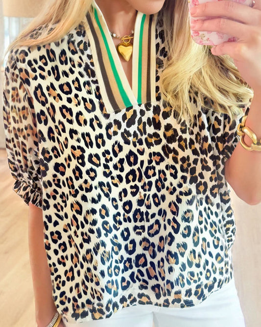 Leopard Green Stripe Neck Top