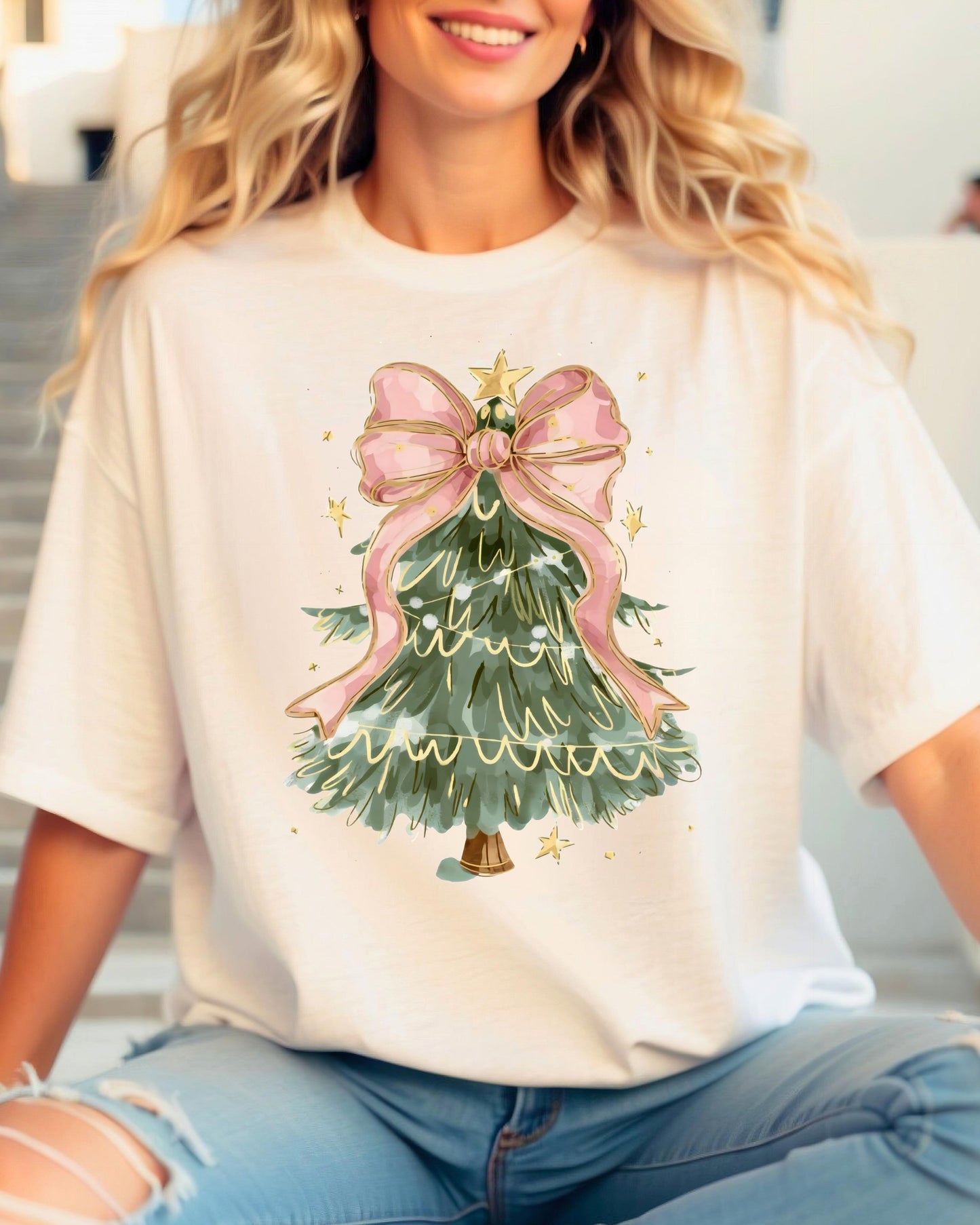 Pink Bow Tree Cream Tee