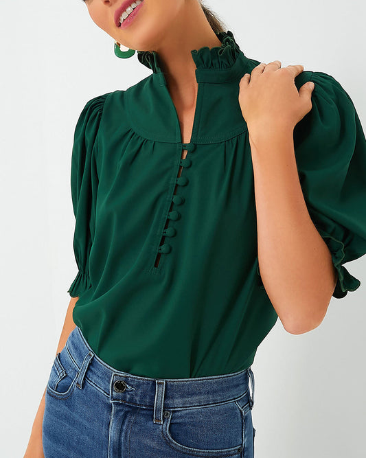 Green Button Frilled Blouse