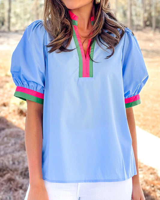 Blue Stiped Neck Blouse