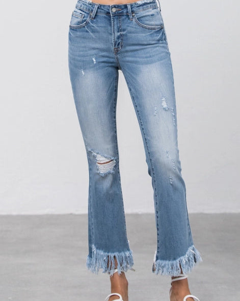 Frayed Cropped Flare Jeans