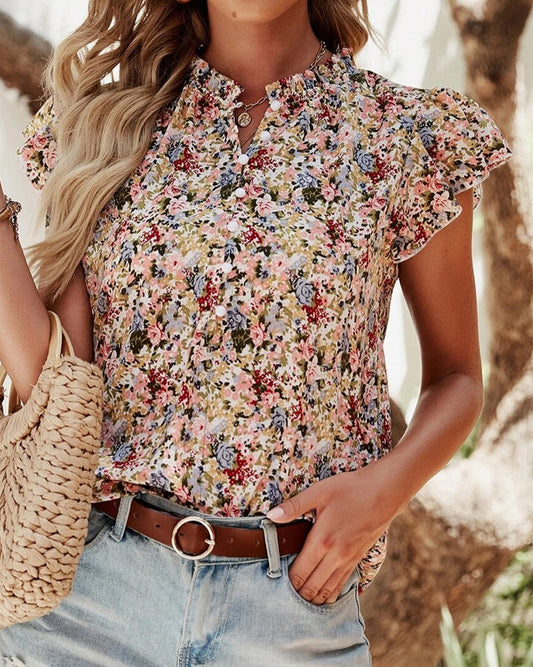 Boho Floral Ruffle Blouse