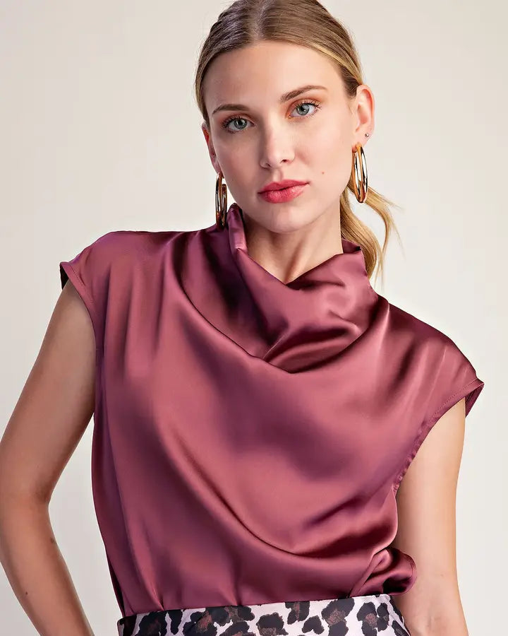 Satin Cowl Neck Sleeveless Top