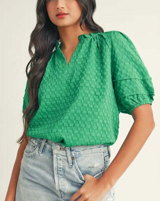 Textured Puff Short Sleeve V Neck Top